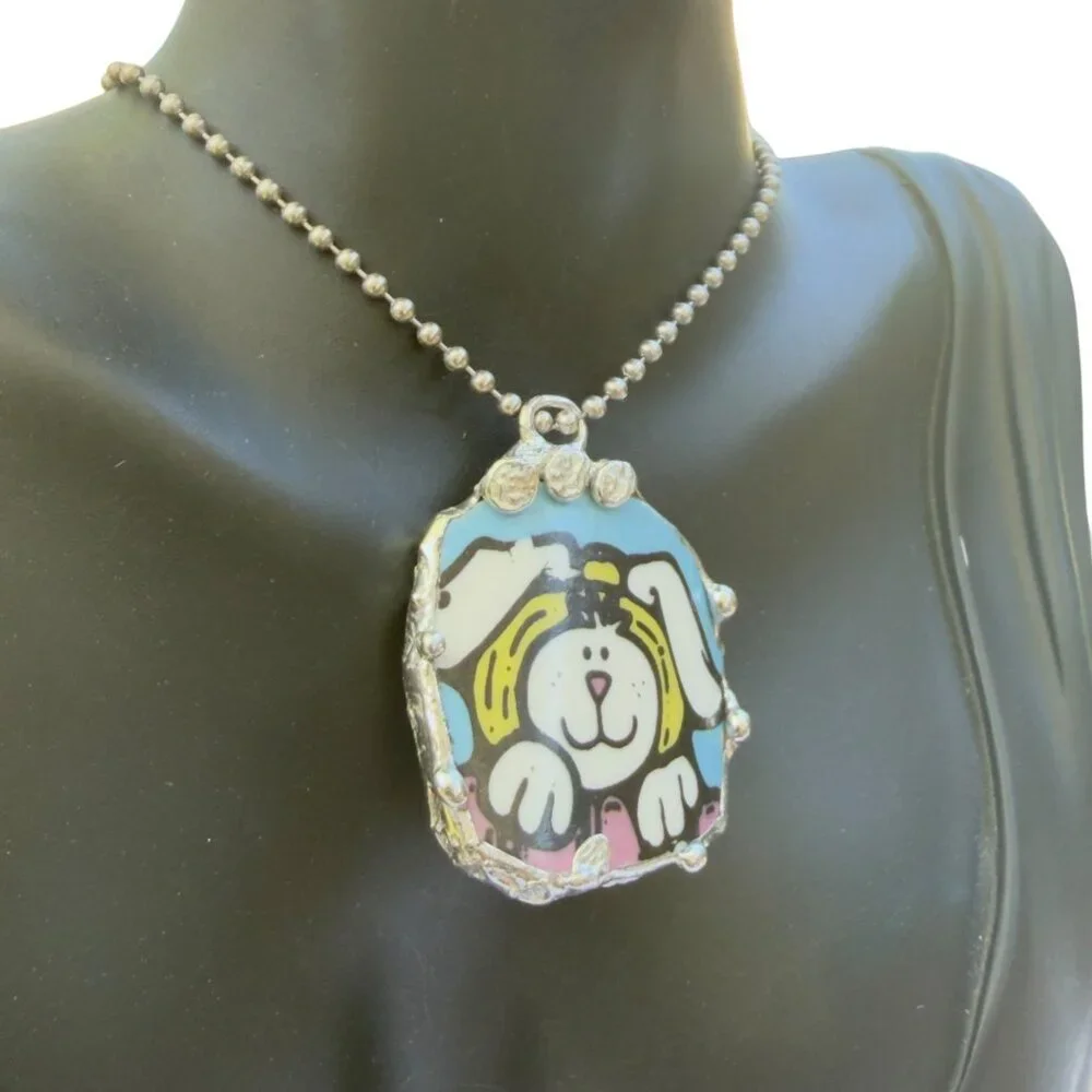 Royal Norfolk Easter Bunny Broken China Pendant - Silver Cabochon Necklace 1.5" - Picture 9 of 15